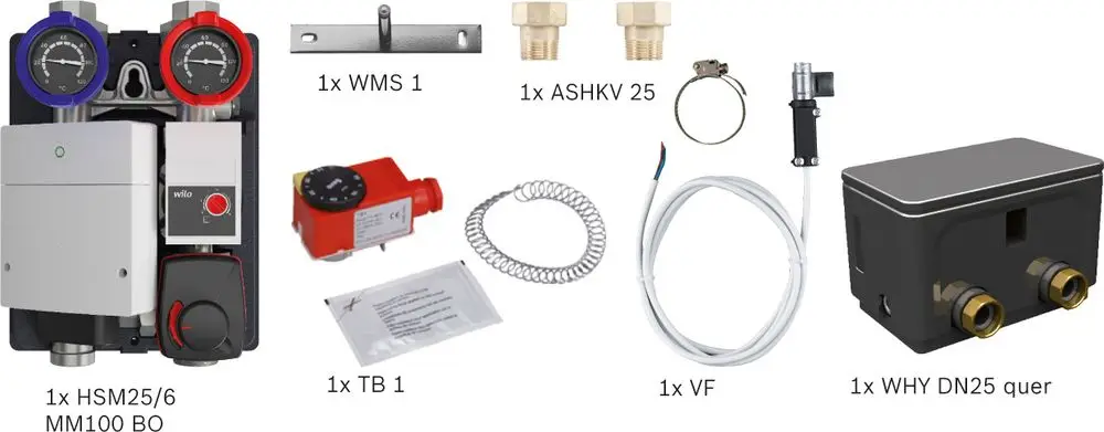 Heizkreisstandardpaket mit Komponenten wie Pumpe, Ventil, Regelungseinheit und Anschlussstücken für hydraulische Weiche, vorgesehen für Bosch Heizsysteme.